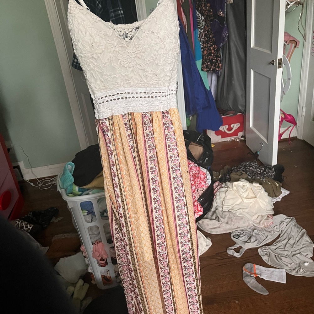 Elegant White and Multicolor Lace Maxi Dress